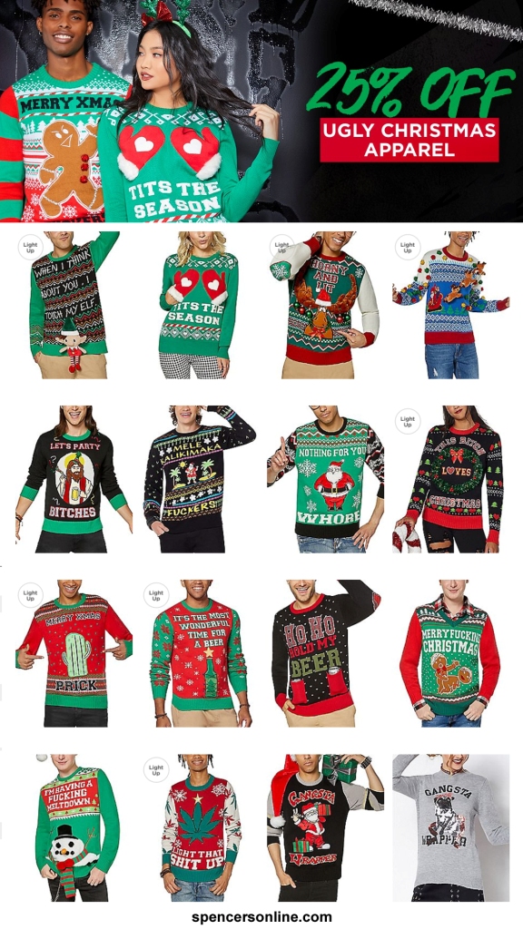 25% OFF UGLY CHRISTMAS SWEATERS & APPAREL @ spencersonline.com | see exclusions